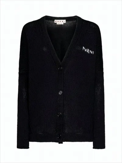 Marni Textured Black Knitted Cardigan With V-neckline And Embroidered Logo