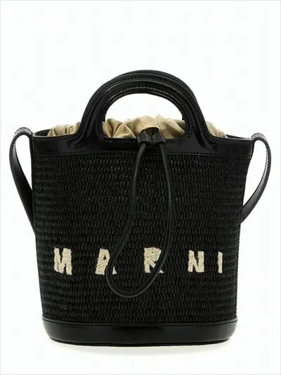 Marni Textured Black Woven Crossbody Bag With Embroidered Detailing
