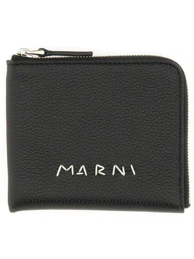 Marni Textured Calf Leather Zip Wallet In Black