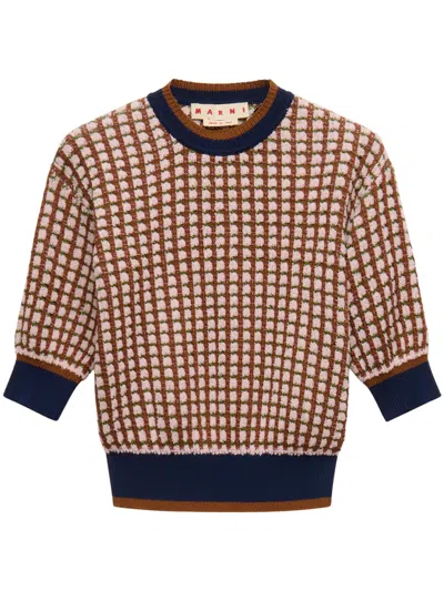 Marni Textured Cropped Sweater With Puff Sleeves In Brown