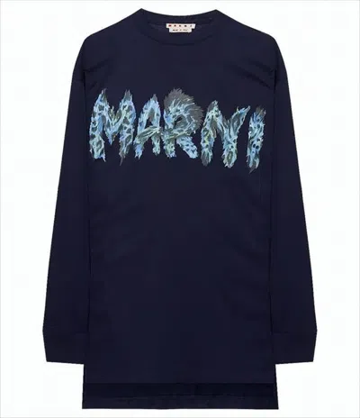 Marni Textured Graphic Logo Long-sleeve Top In Deep Navy In Black