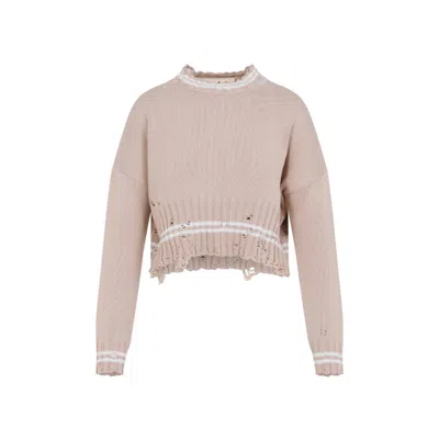 Marni Textured Knit Cropped Sweater With Lace Trim In Neutral