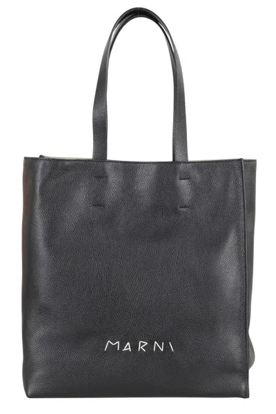 Marni Textured Leather Tote Bag With Embossed Logo In Gray