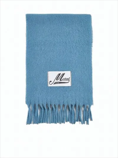 Marni Textured Light Blue Alpaca Blend Scarf With Fringed Ends
