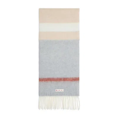 Marni Textured Neutral Scarf With Fringed Edges In White