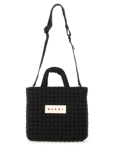 Marni Textured Small Tote Bag With Logo Patch In Black