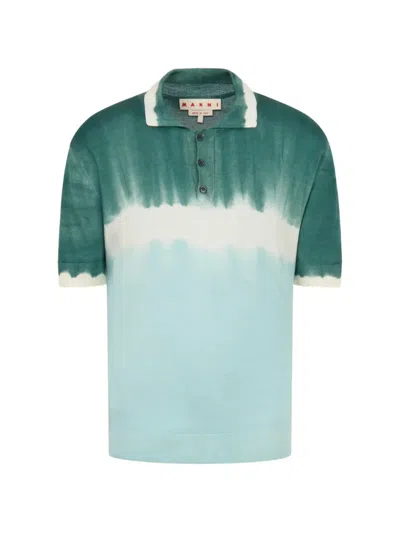 Marni Blue Wool-silk Polo Shirt With Tie-dye Effect In Multi