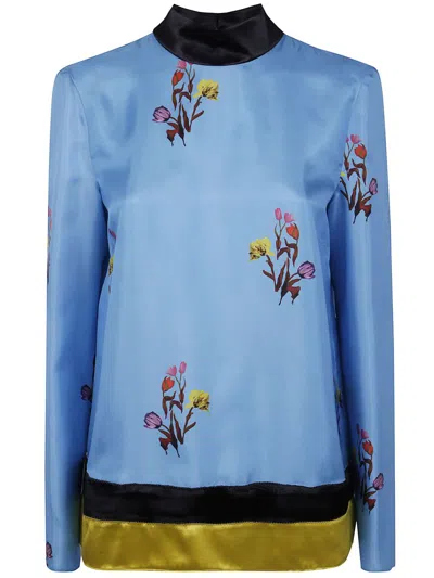 Marni Floral Satin Long Sleeve Top With Keyhole In Animal Print