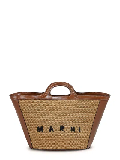 Marni Trapezoidal Structured Bag With Woven Natural Fiber Panels In Brown
