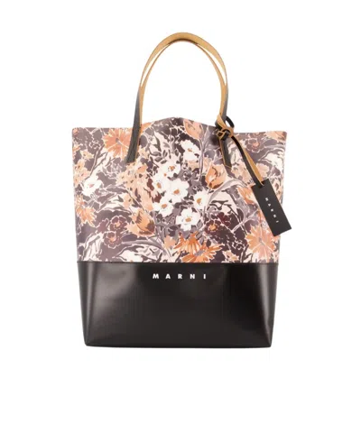 Marni Tribeca Floral Two-tone Tote Bag In Black