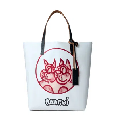 MARNI WHITE AND RED FABRIC TRIBECA TOTE WITH DOGS PRINT