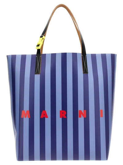Marni Logo Stripe Tribeca Shopping Bag In Blue