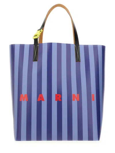 Marni Logo Stripe Tribeca Shopping Bag In Blue