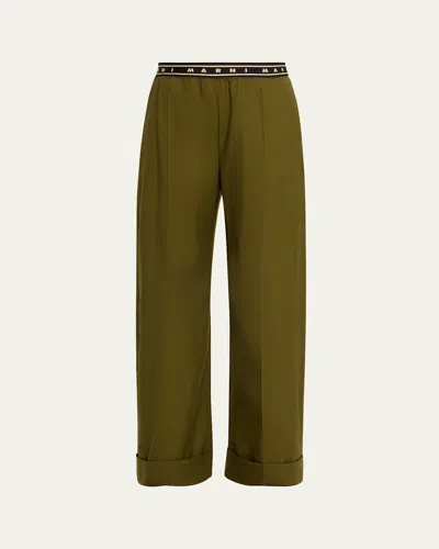 Marni Tropical Wool Logo Band Straight-leg Trousers In Dusty Olive