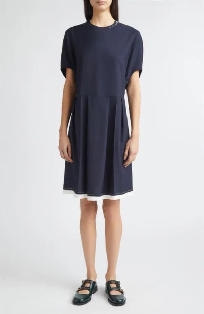 Marni Tropical Wool Pleated Puff Sleeve Dress In Blue