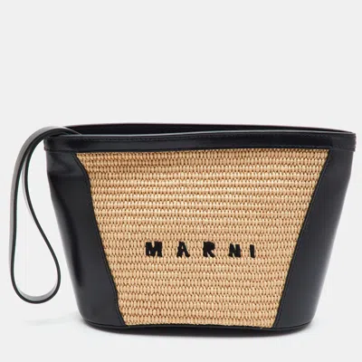 Pre-owned Marni Tropicalia Beige/black Leather And Woven Raffia Zip Pouch Clutch In Sand