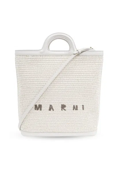 Marni Tropicalia Logo Embroidered Raffia Tote Bag In Beige