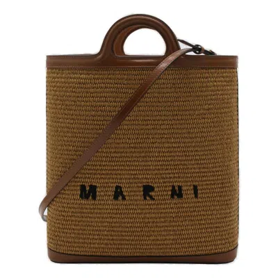 Marni Tropicalia Logo Embroidered Raffia Tote Bag In Brown