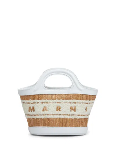 Marni Tropicalia Micro Bag In White Raffia Effect Leather With Logo In Brown