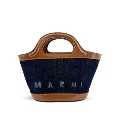Marni Tropicalia Micro Denim Tote Bag Navy Brown In Blue
