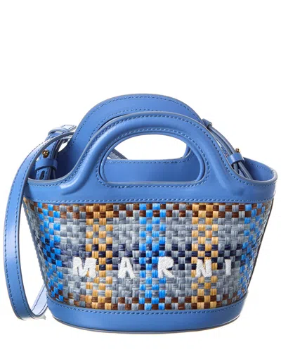 Marni Tropicalia Micro Raffia & Leather Tote In Blue