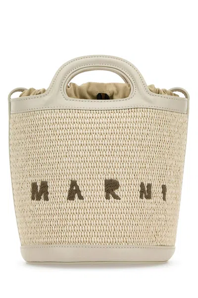 MARNI MARNI IVORY LEATHER AND RAFFIA TROPICALIA BUCKET BAG