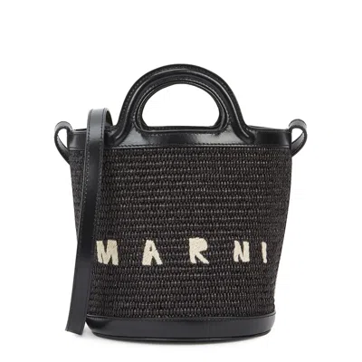 Marni Tropicalia Mini Leather And Raffia Bucket Bag In Black