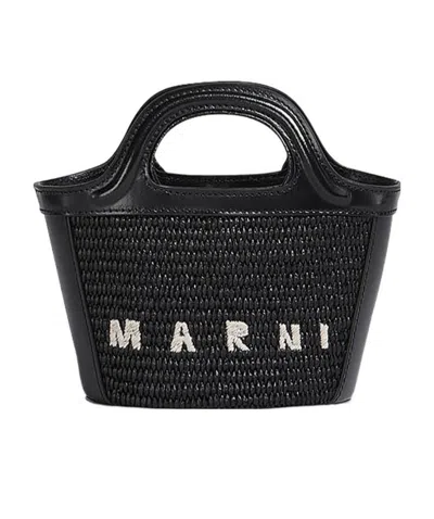 Marni Tropicalia Small Bag In Black Leather And Raffia-effect Fabric