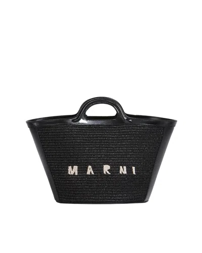 Marni Tropicalia Small Bag In Black Leather And Raffia-effect Fabric
