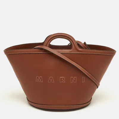 Pre-owned Marni Tropicalia Small Brown Leather Logo Embroidered Tote