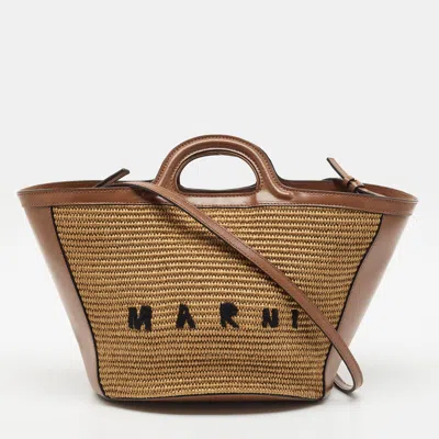 Pre-owned Marni Tropicalia Small Brown Raffia And Leather Tote