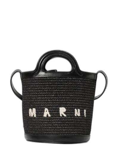 Marni Tropicalia Small Bucket Bag In Leather And Raffia-effect Fabric In Black