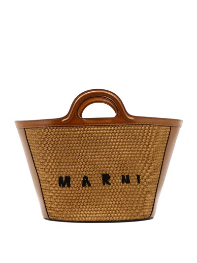 Marni Two-tone Leather And Raffia Small Tropicalia Summer Handbag In Brown