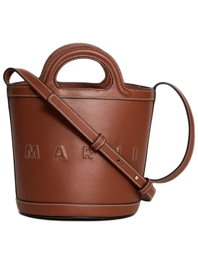 Marni Tropicalia Small Leather Bucket Bag In Brown