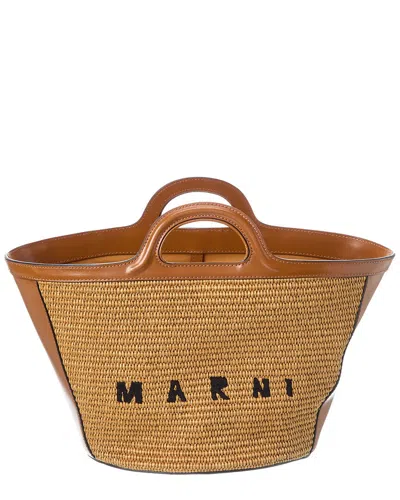 Marni Tropicalia Small Leather Tote In Beige