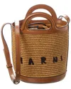 Marni Light Brown Woven Fabric And Leather Bag With Circular Handles In Brown