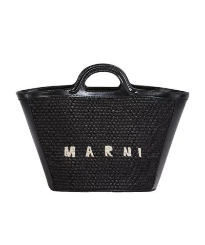 Marni Tropicalia Small Bag In Black Leather And Raffia-effect Fabric