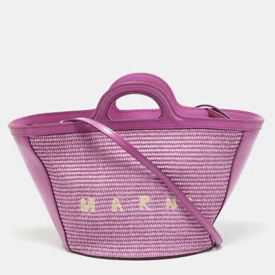 Pre-owned Marni Tropicalia Small Purple Raffia And Leather Tote