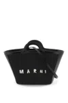Marni Women Black Leather And Raffia Small Tropicalia Summer Handbag In Black