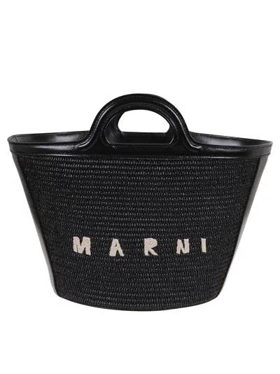 Marni Tropicalia Structured Shoulder Bag With Raffia Panels In Brown