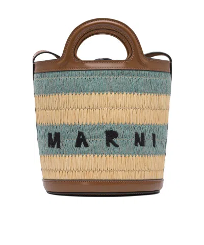 Marni Logo Detailed Striped Woven Bucket Bag In Beige