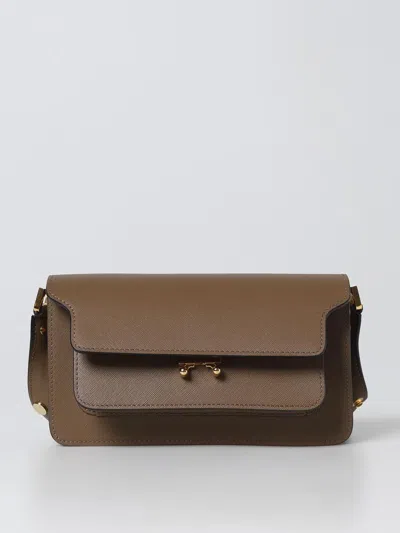 Marni Leather Shoulder Bag With Exterior Pocket In Brown