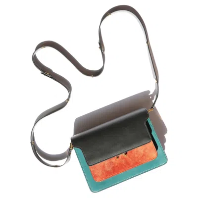 Pre-owned Marni Trunk Color Block Contrast Black Teal Rust Gold Leather Suede Shoulder Bag In Green