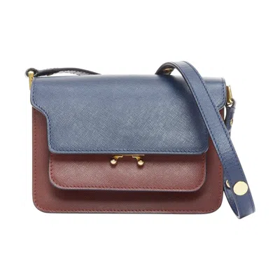 Pre-owned Marni Trunk Navy Burgundy Textured Leather Clasp Crossbody Bag In Red