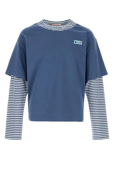 Marni Linen Blend T Shirt Crew Neck Layered In Blue