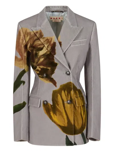 Marni Tulip-print Velvet Blazer In Gray