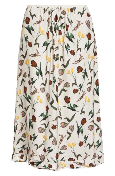 Marni Tulips & Hares Ruffle Hem Crepe Back Satin Midi Skirt