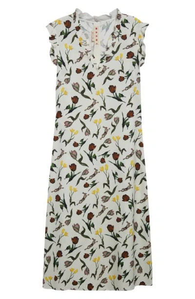 Marni Tulips & Hares Ruffle Satin Midi Dress
