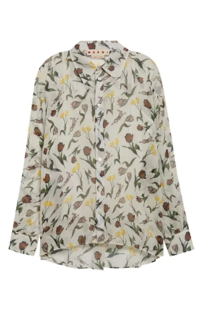 MARNI MARNI TULIPS & HARES SHEER CHIFFON BUTTON-UP SHIRT