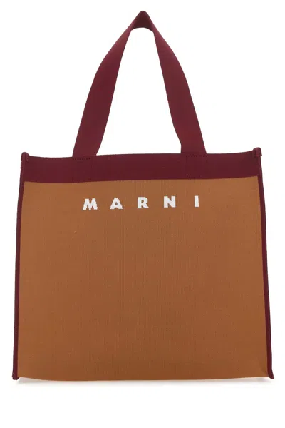 Marni Two-tone Fabric Medium Shopping Handbag In Brown